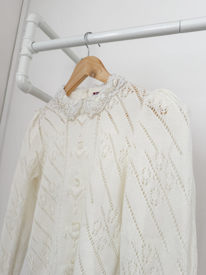Gorgeous Rare 1970s Honeysuckle Pearl Embellished Puff Sleeve Pointelle Cotton Blend Sweater