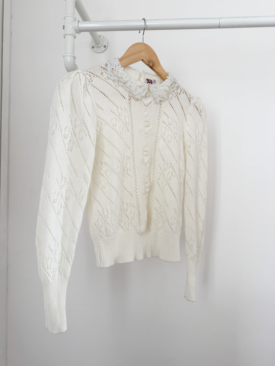 Gorgeous Rare 1970s Honeysuckle Pearl Embellished Puff Sleeve Pointelle Cotton Blend Sweater