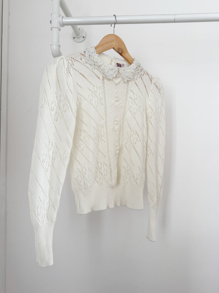 Gorgeous Rare 1970s Honeysuckle Pearl Embellished Puff Sleeve Pointelle Cotton Blend Sweater