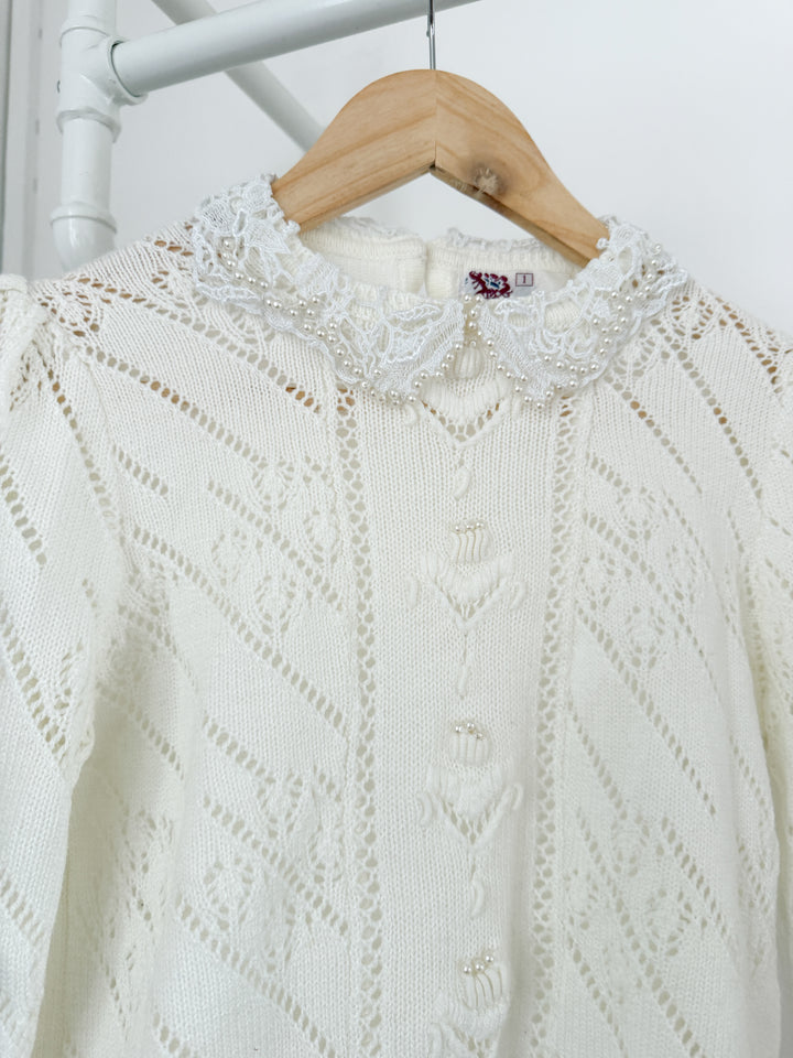 Gorgeous Rare 1970s Honeysuckle Pearl Embellished Puff Sleeve Pointelle Cotton Blend Sweater