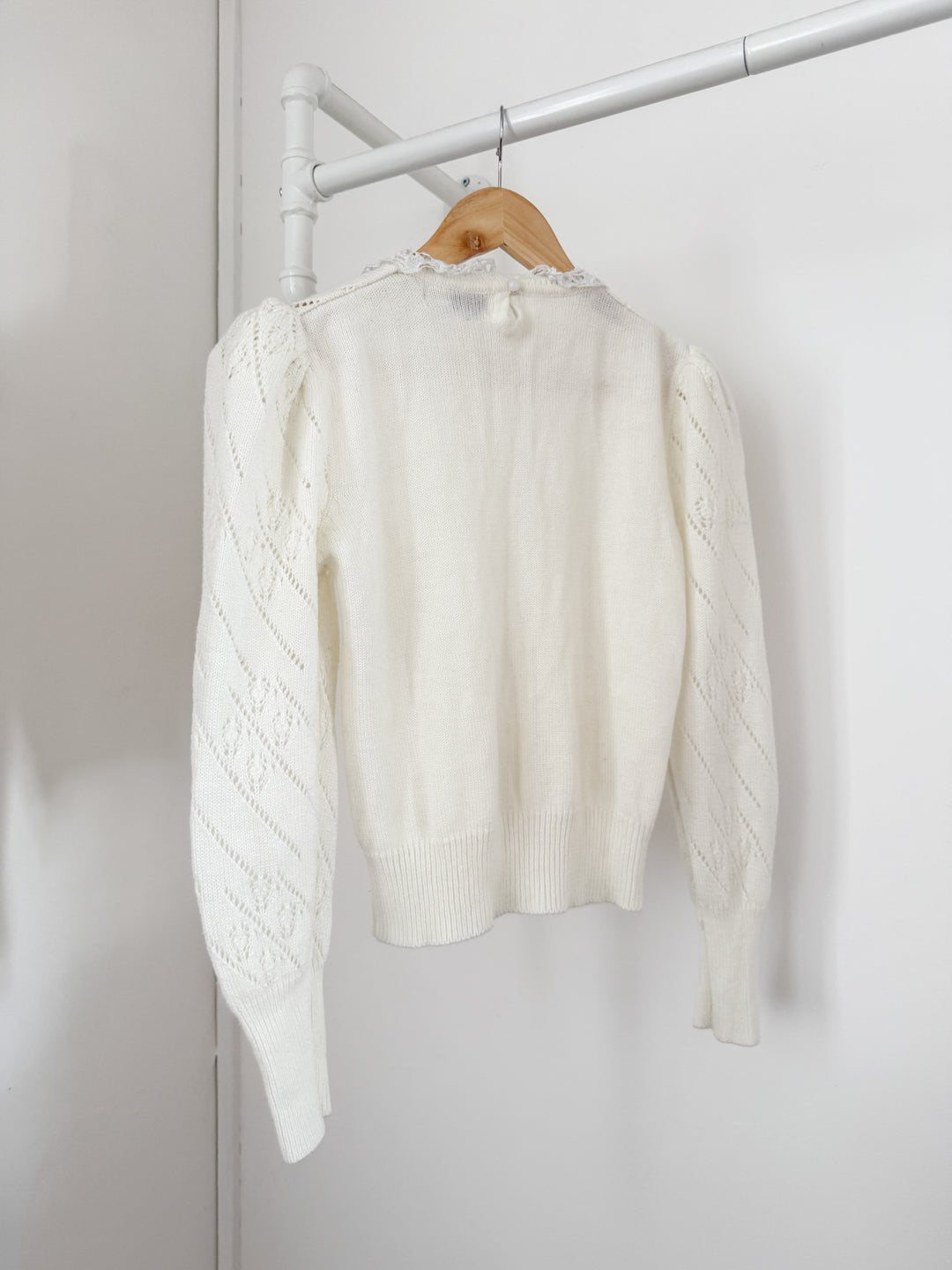 Gorgeous Rare 1970s Honeysuckle Pearl Embellished Puff Sleeve Pointelle Cotton Blend Sweater