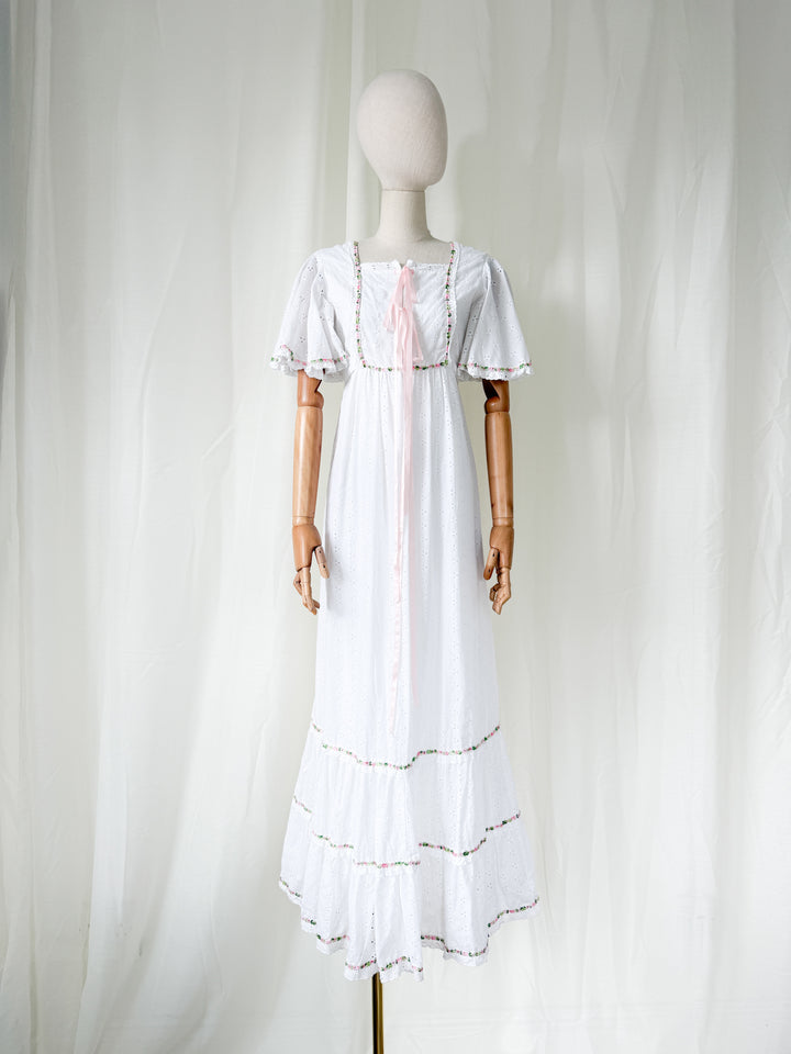 Divine Ethereal Broderie Anglaise 70s Cotton Maxi Dress