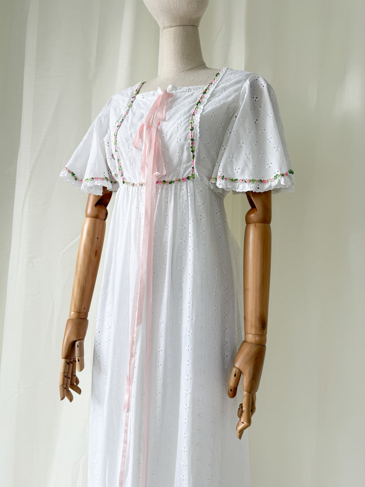 Divine Ethereal Broderie Anglaise 70s Cotton Maxi Dress