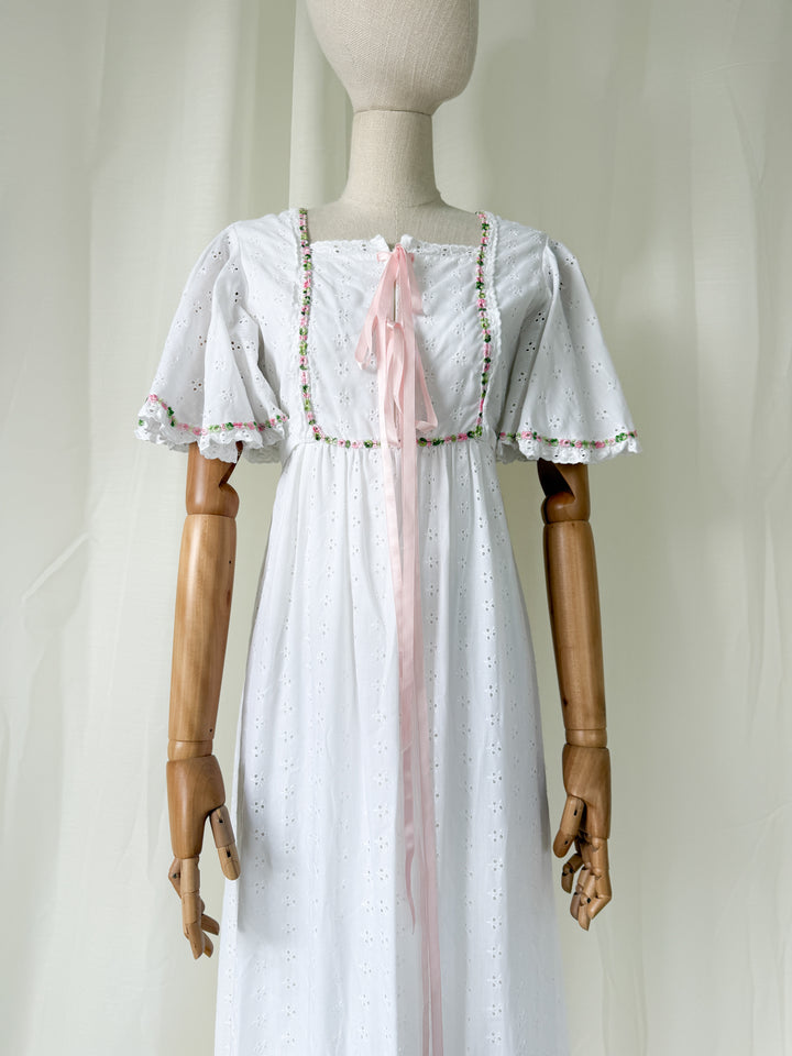 Divine Ethereal Broderie Anglaise 70s Cotton Maxi Dress