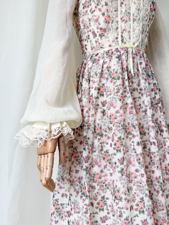 Stunning Precious Lace Trimmed 70s Cotton Maxi Dress