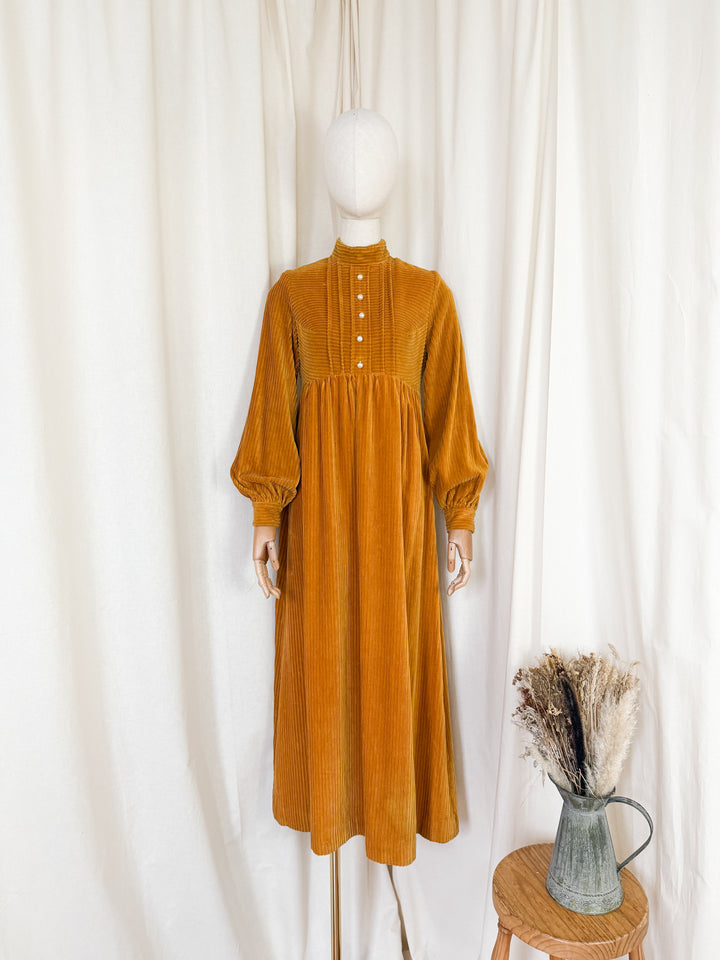 Breathtaking Rare Shelena 1970s Rich Mustard Cotton Corduroy Maxi Dress