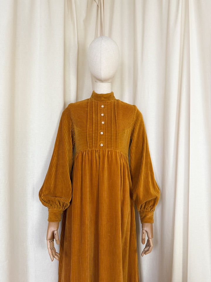 Breathtaking Rare Shelena 1970s Rich Mustard Cotton Corduroy Maxi Dress