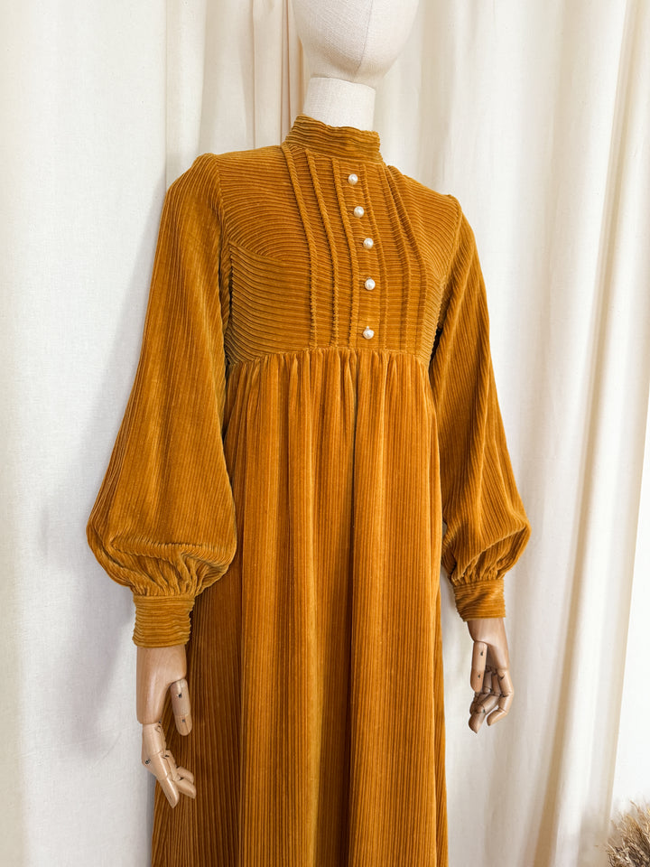 Breathtaking Rare Shelena 1970s Rich Mustard Cotton Corduroy Maxi Dress