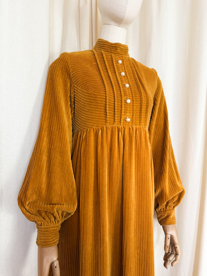 Breathtaking Rare Shelena 1970s Rich Mustard Cotton Corduroy Maxi Dress
