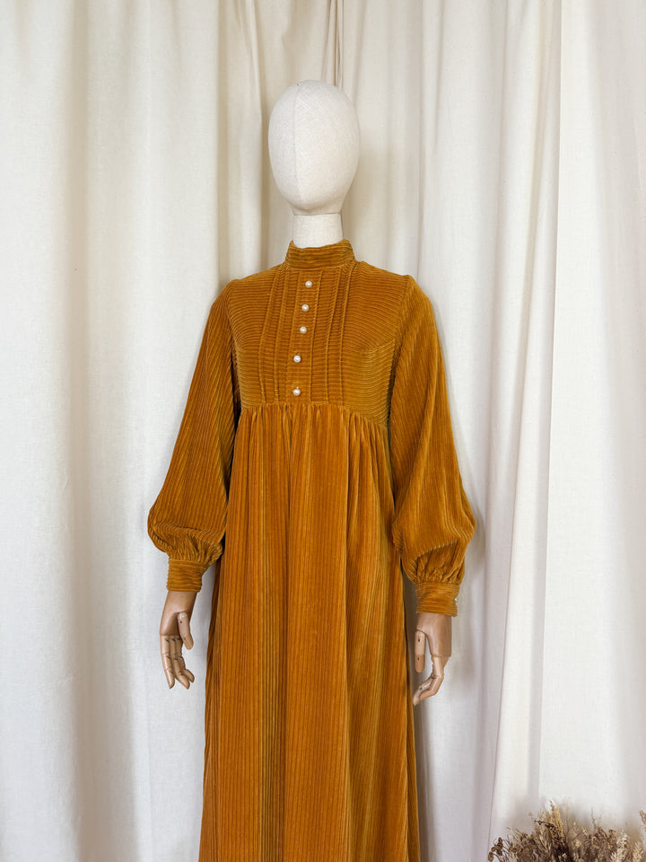 Breathtaking Rare Shelena 1970s Rich Mustard Cotton Corduroy Maxi Dress