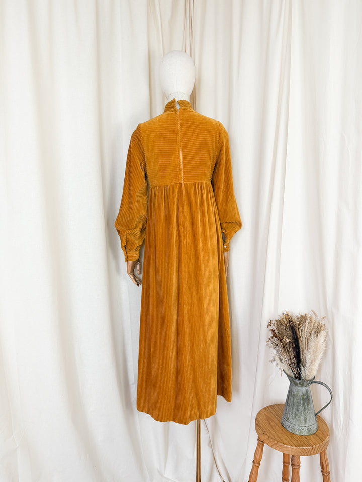 Breathtaking Rare Shelena 1970s Rich Mustard Cotton Corduroy Maxi Dress