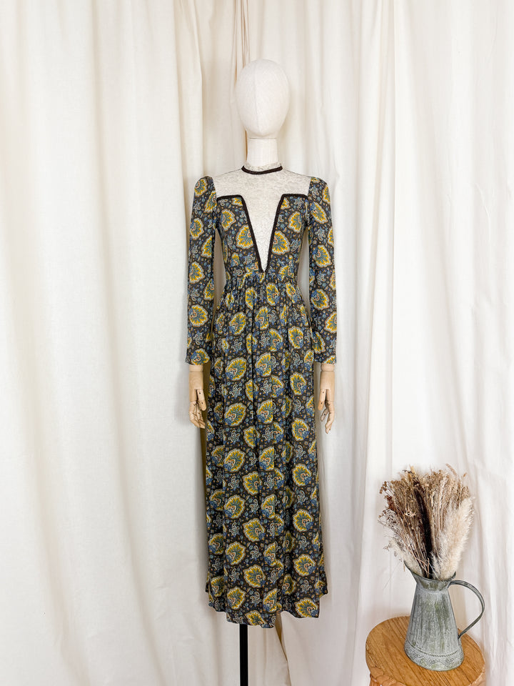 Stunning Rare Lace Panelled Brown 1970s Cotton Maxi Dress
