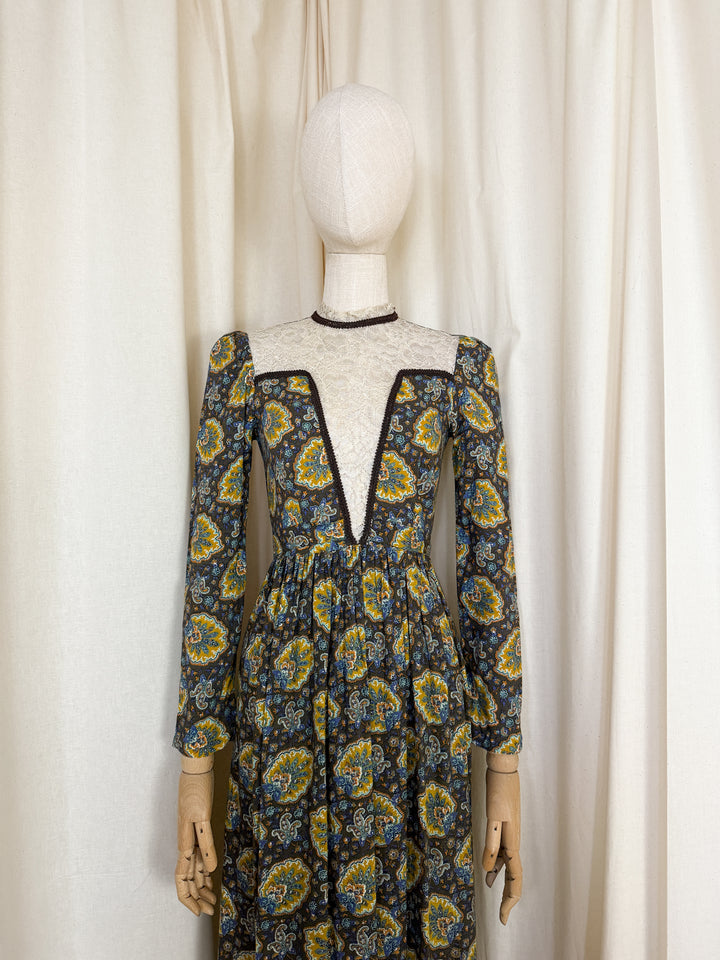 Stunning Rare Lace Panelled Brown 1970s Cotton Maxi Dress