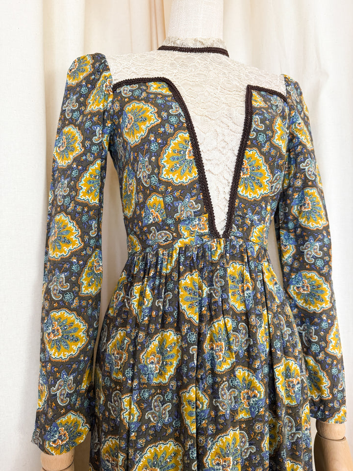 Stunning Rare Lace Panelled Brown 1970s Cotton Maxi Dress