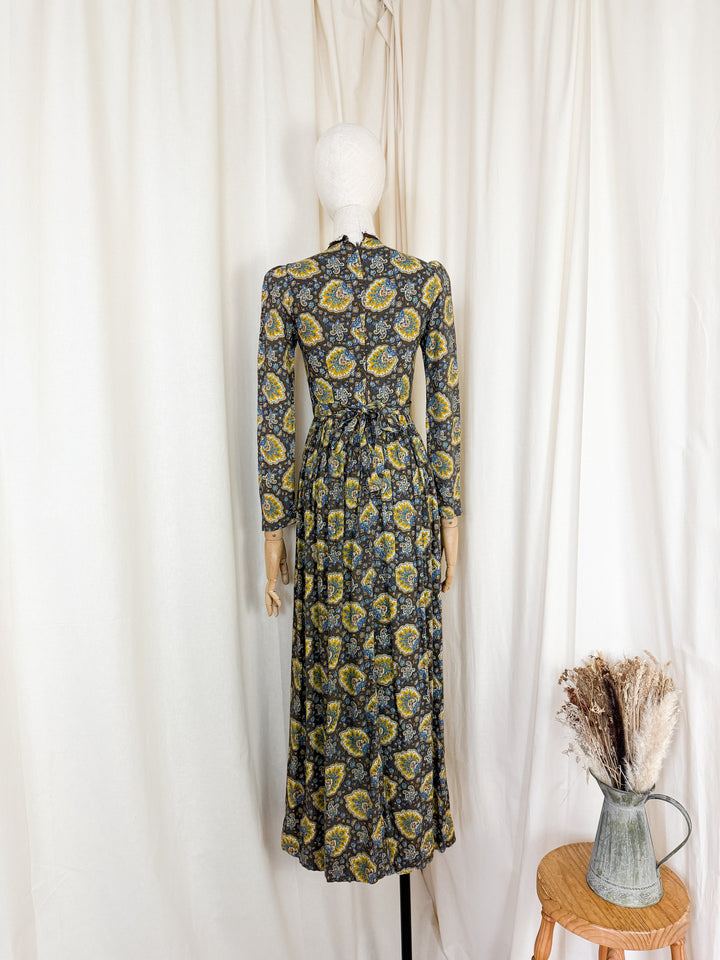 Stunning Rare Lace Panelled Brown 1970s Cotton Maxi Dress