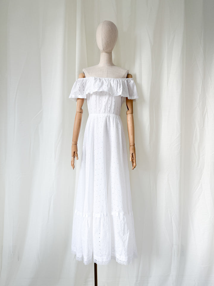 Divine 70s Cotton Broderie Anglaise Frill Neckline White Maxi Dress