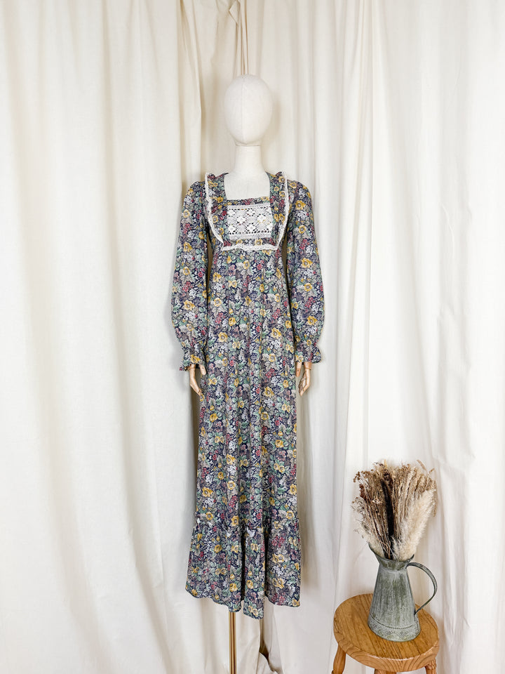 Precious Rare 1970s Monet London Lace Bodice Floral Cotton Maxi Dress
