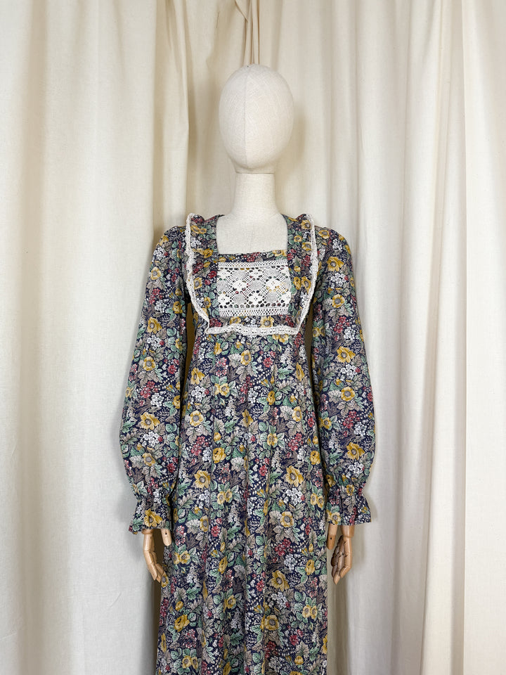 Precious Rare 1970s Monet London Lace Bodice Floral Cotton Maxi Dress