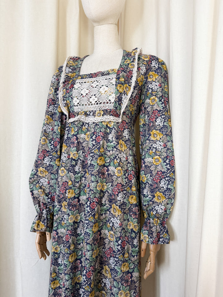 Precious Rare 1970s Monet London Lace Bodice Floral Cotton Maxi Dress