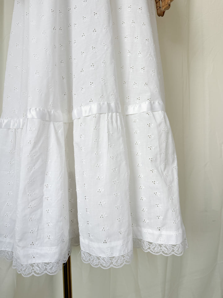 Divine 70s Cotton Broderie Anglaise Frill Neckline White Maxi Dress