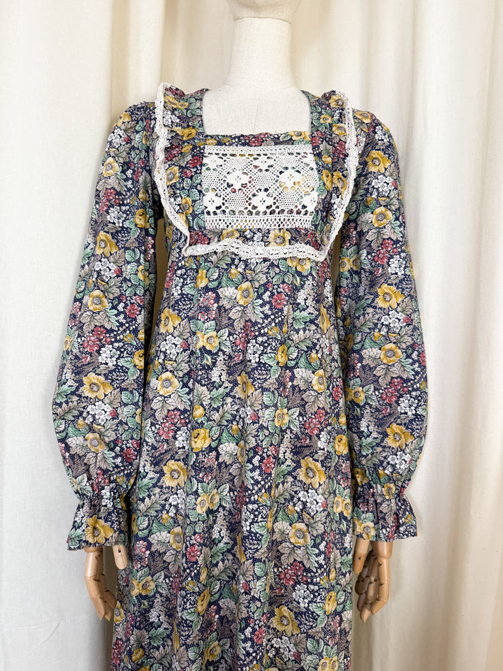 Precious Rare 1970s Monet London Lace Bodice Floral Cotton Maxi Dress