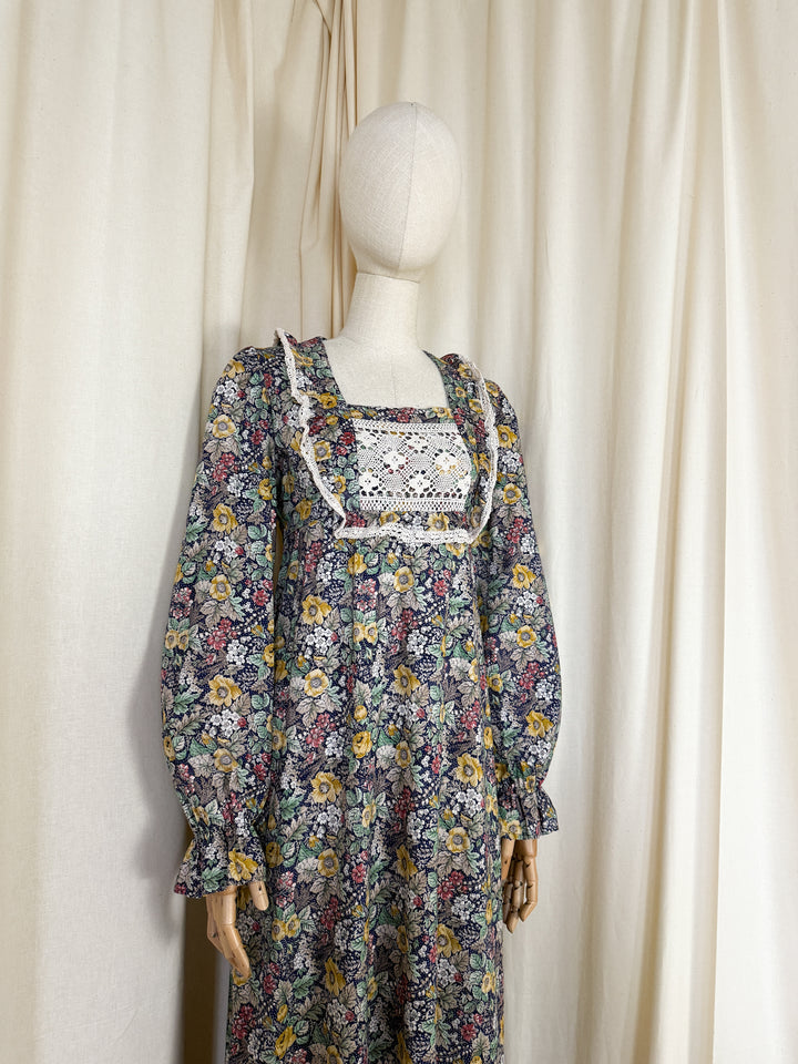 Precious Rare 1970s Monet London Lace Bodice Floral Cotton Maxi Dress