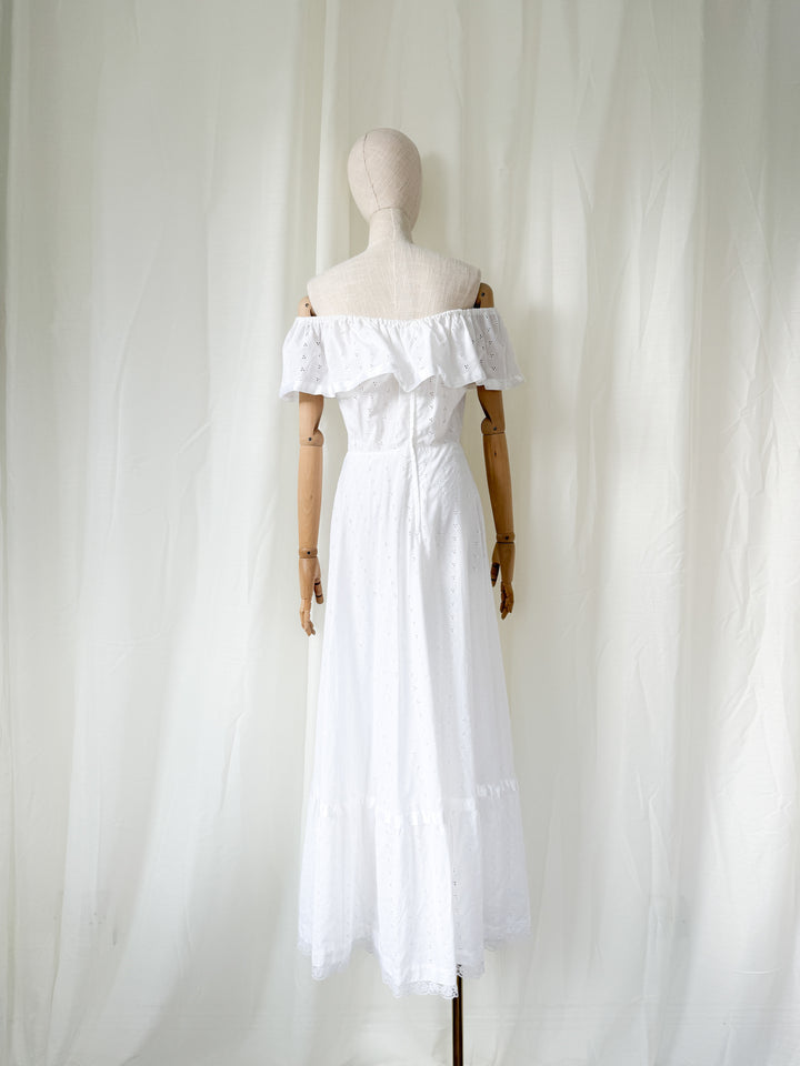 Divine 70s Cotton Broderie Anglaise Frill Neckline White Maxi Dress