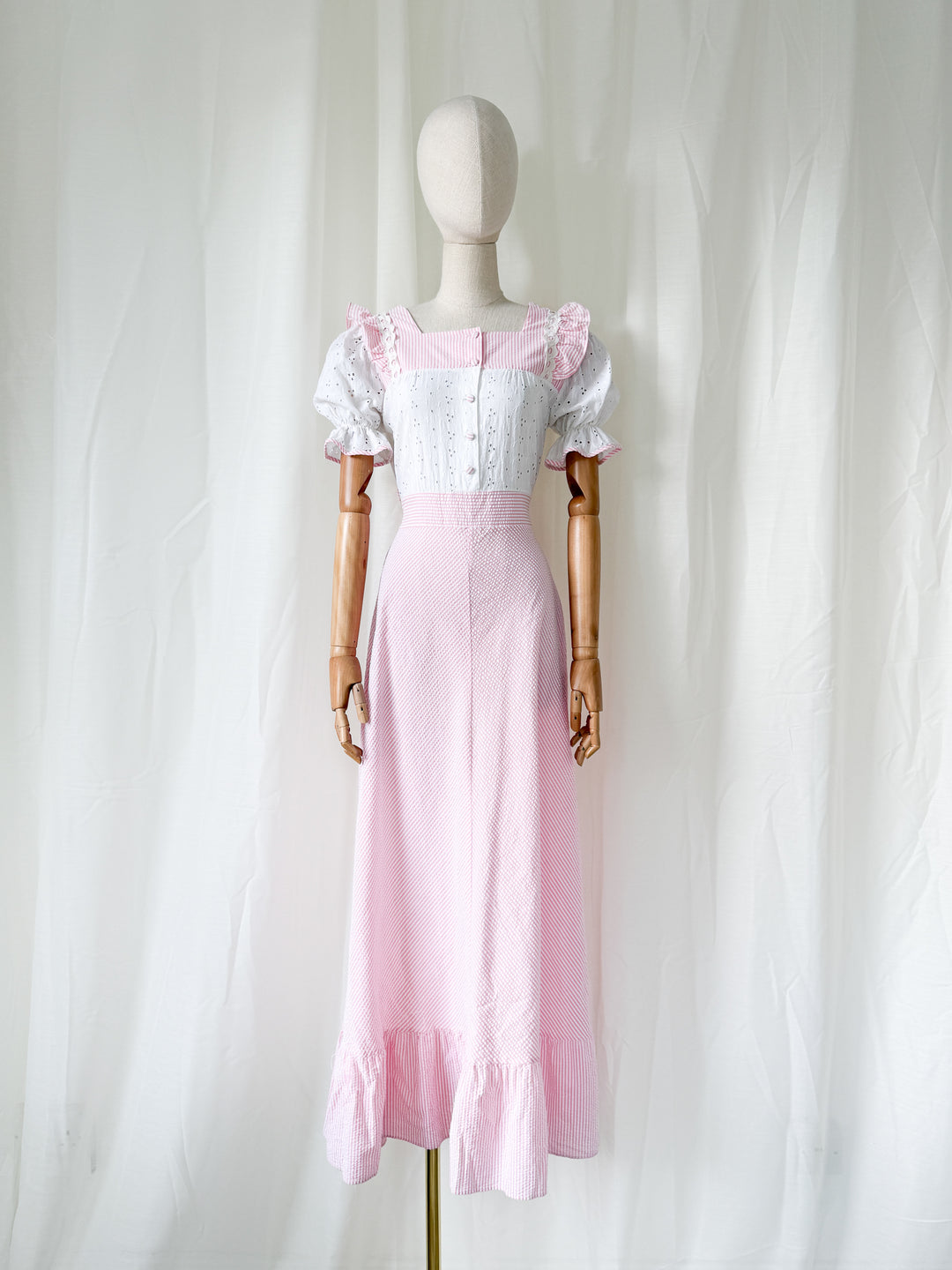 Sweet 70s Seersucker and Broderie Anglaise Cotton Striped Pink Maxi Dress
