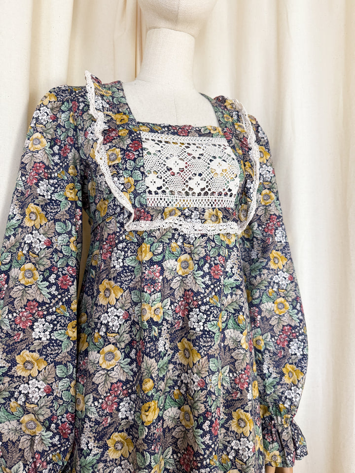 Precious Rare 1970s Monet London Lace Bodice Floral Cotton Maxi Dress