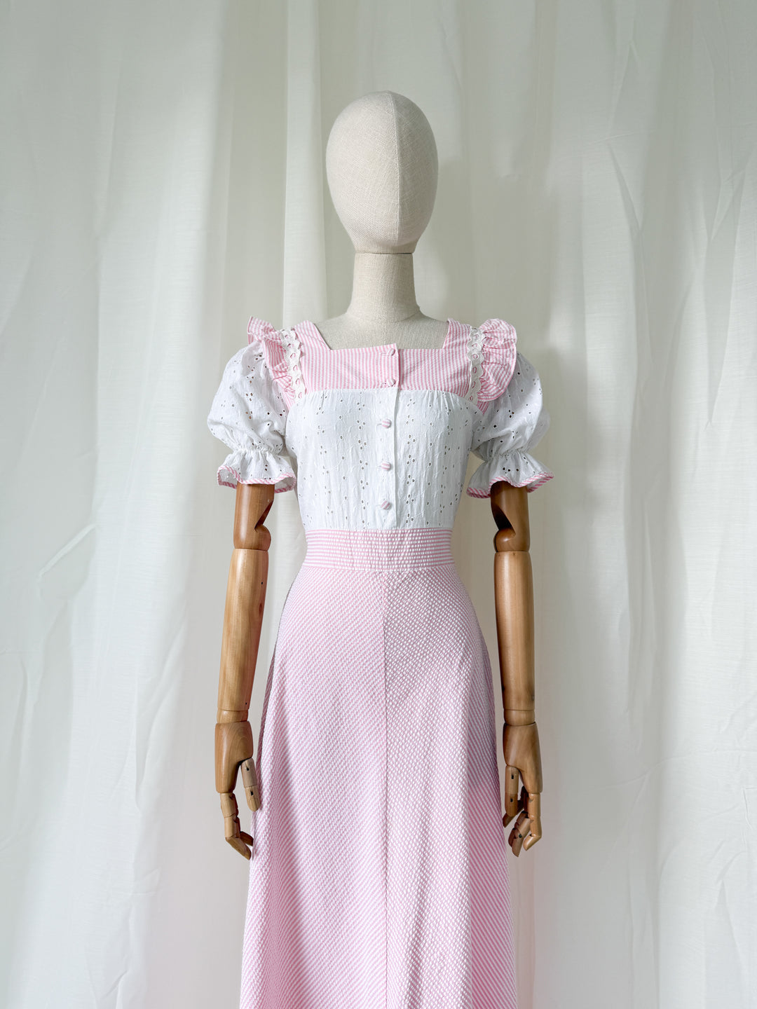 Sweet 70s Seersucker and Broderie Anglaise Cotton Striped Pink Maxi Dress