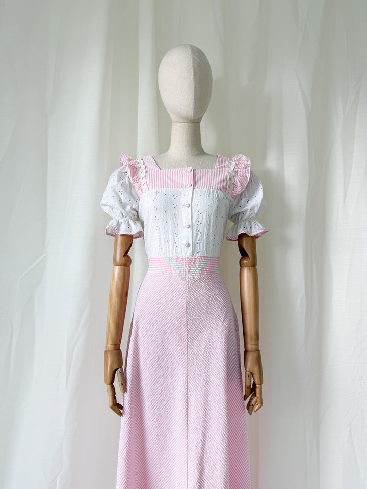 Sweet 70s Seersucker and Broderie Anglaise Cotton Striped Pink Maxi Dress