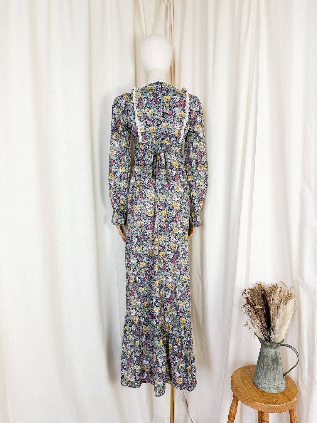 Precious Rare 1970s Monet London Lace Bodice Floral Cotton Maxi Dress