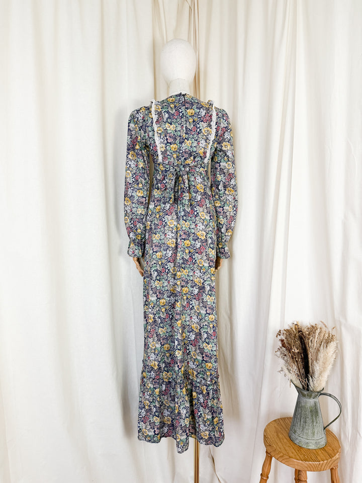 Precious Rare 1970s Monet London Lace Bodice Floral Cotton Maxi Dress