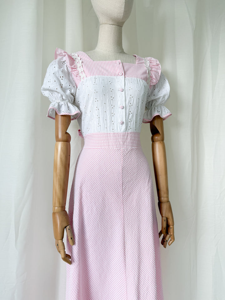 Sweet 70s Seersucker and Broderie Anglaise Cotton Striped Pink Maxi Dress
