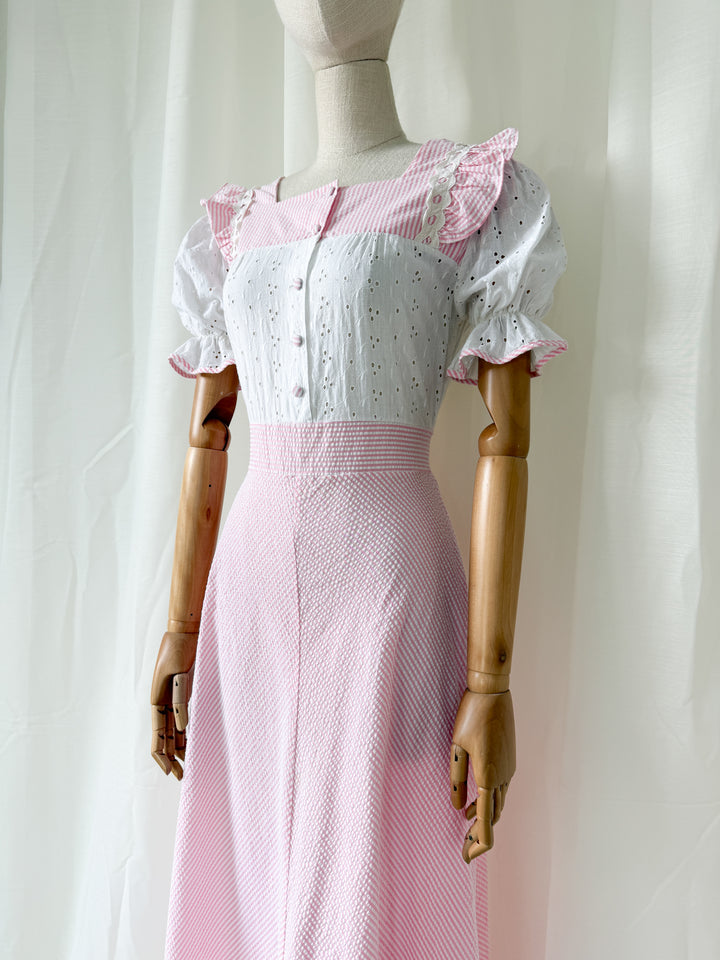 Sweet 70s Seersucker and Broderie Anglaise Cotton Striped Pink Maxi Dress