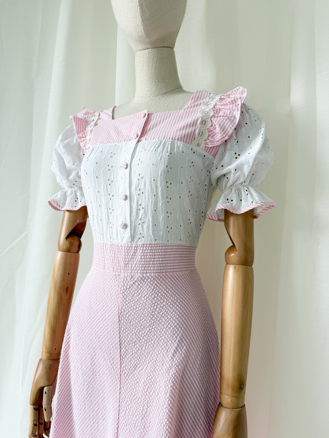 Sweet 70s Seersucker and Broderie Anglaise Cotton Striped Pink Maxi Dress