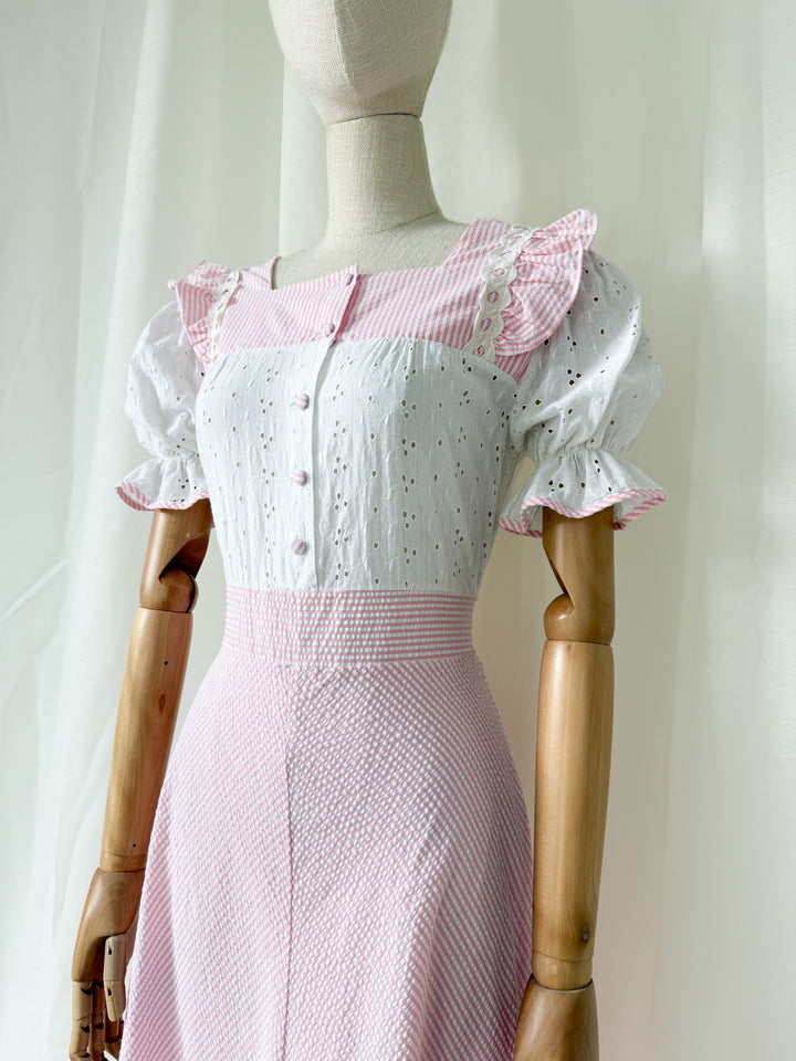 Sweet 70s Seersucker and Broderie Anglaise Cotton Striped Pink Maxi Dress