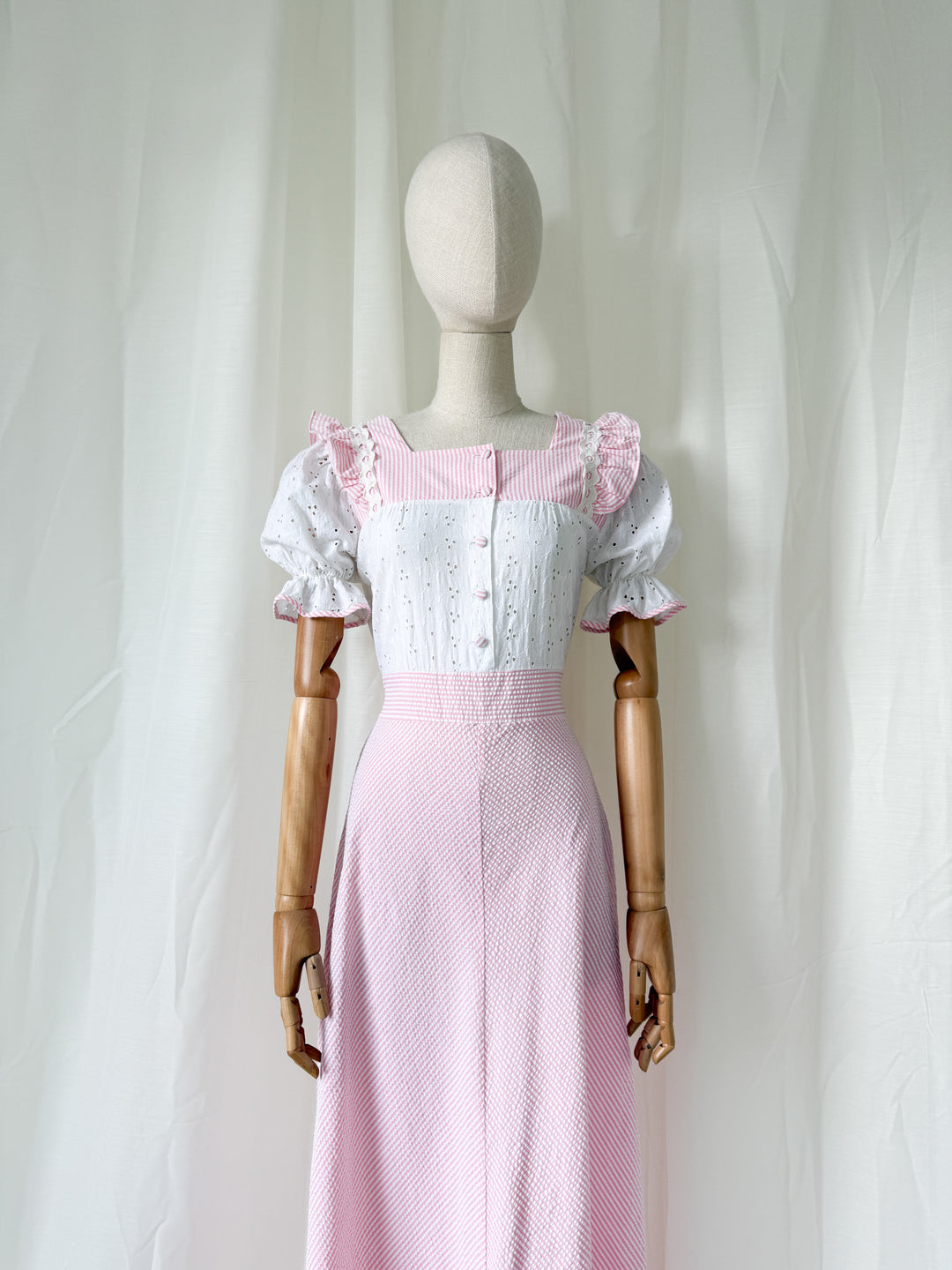 Sweet 70s Seersucker and Broderie Anglaise Cotton Striped Pink Maxi Dress