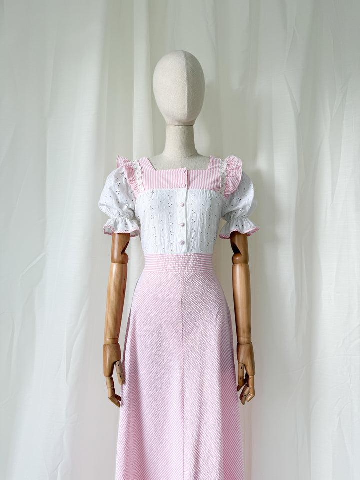 Sweet 70s Seersucker and Broderie Anglaise Cotton Striped Pink Maxi Dress
