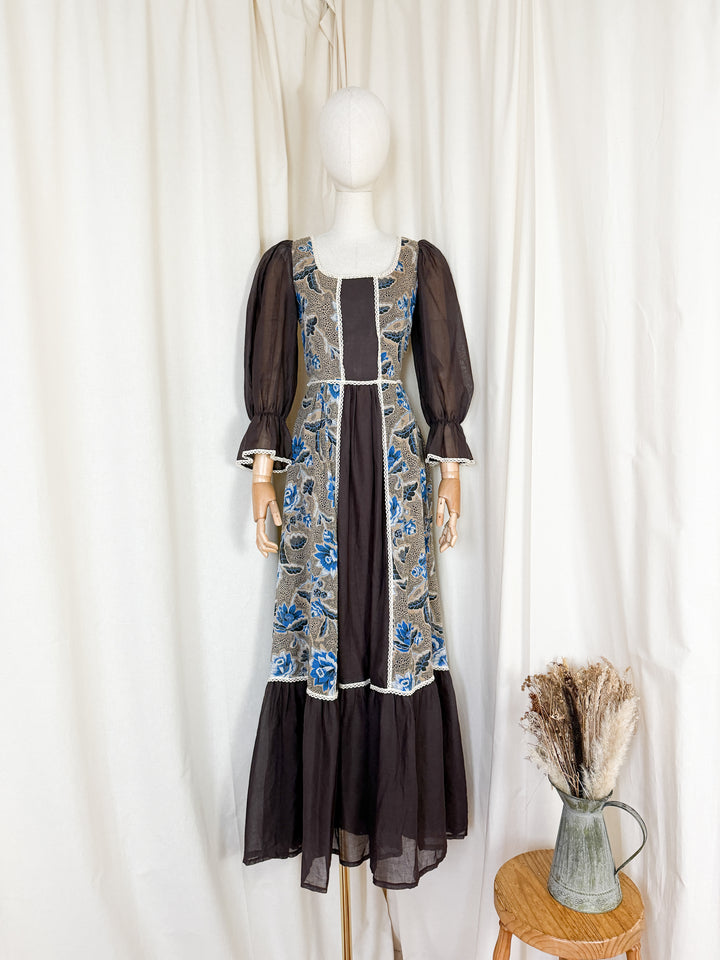 Heavenly Rare 1970s Brown Floral Cotton Maxi Dress