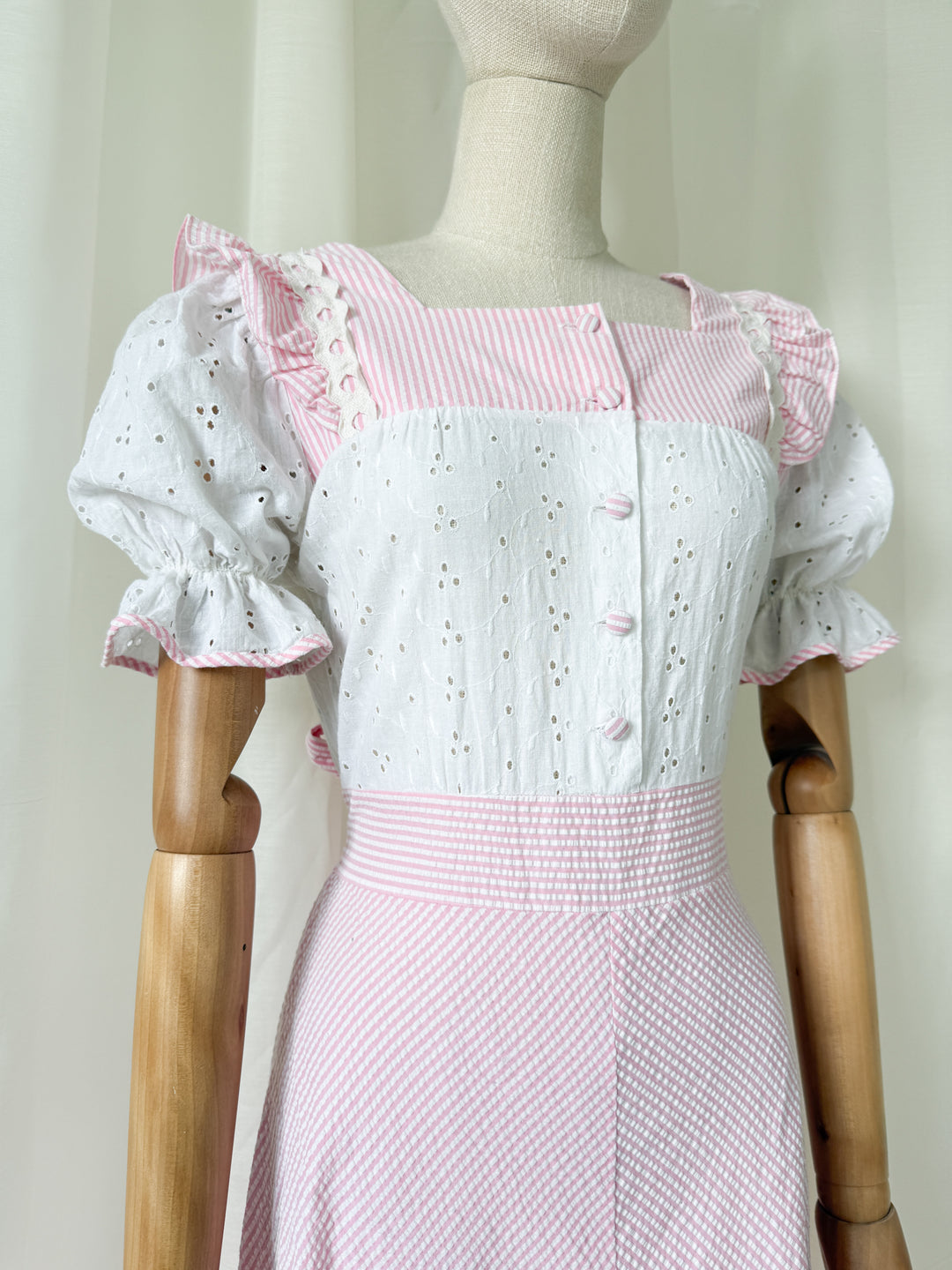 Sweet 70s Seersucker and Broderie Anglaise Cotton Striped Pink Maxi Dress