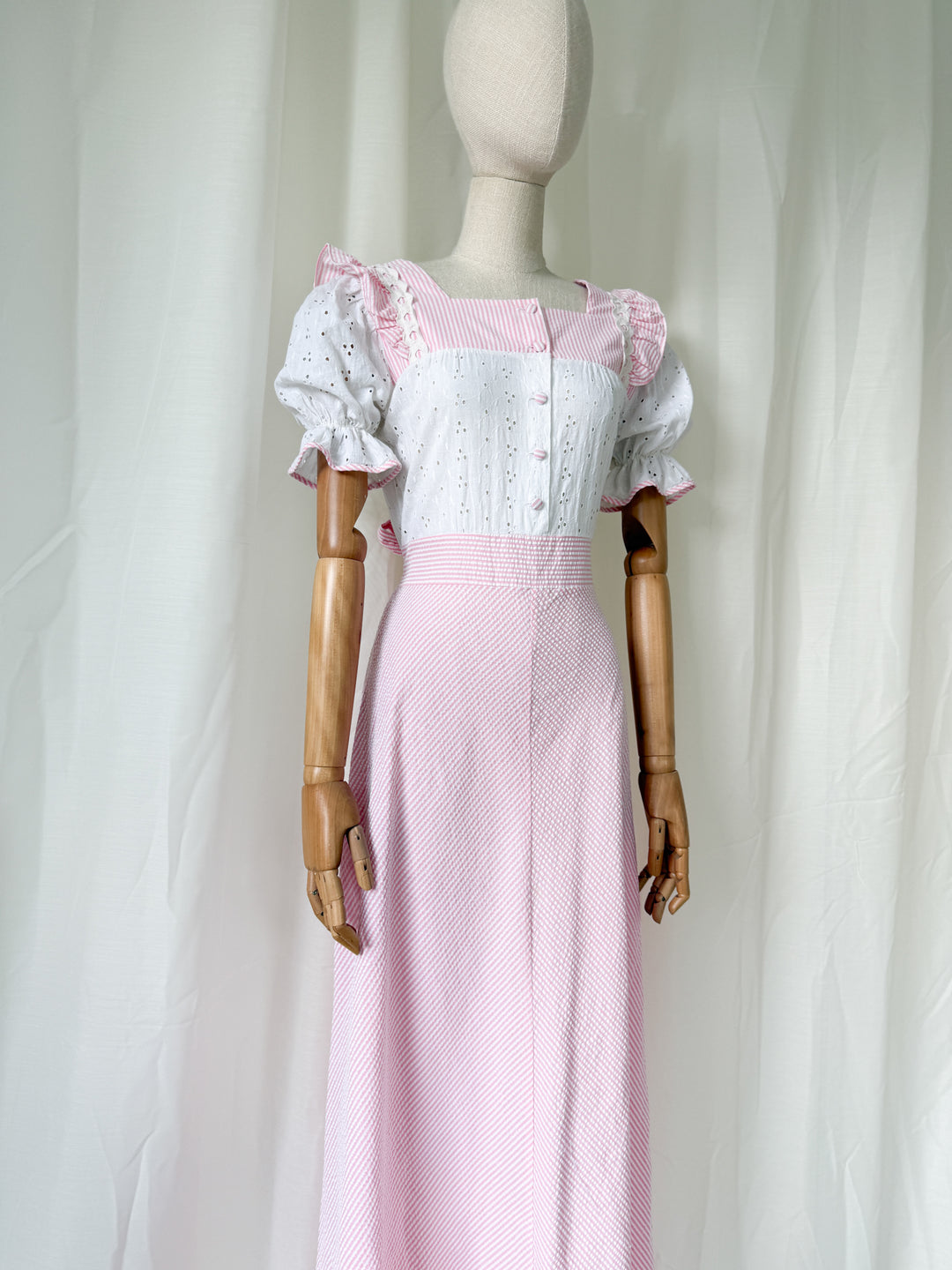Sweet 70s Seersucker and Broderie Anglaise Cotton Striped Pink Maxi Dress