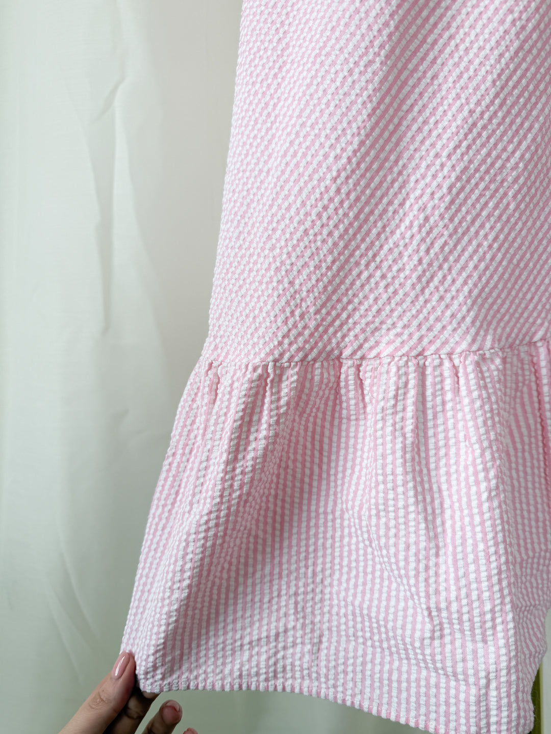 Sweet 70s Seersucker and Broderie Anglaise Cotton Striped Pink Maxi Dress