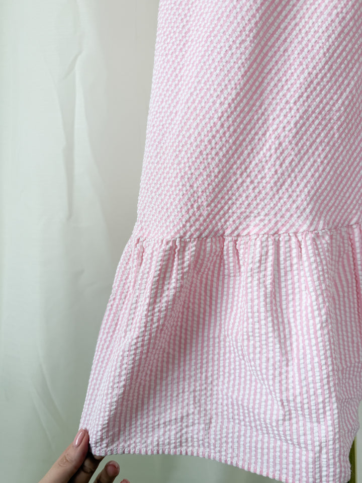 Sweet 70s Seersucker and Broderie Anglaise Cotton Striped Pink Maxi Dress