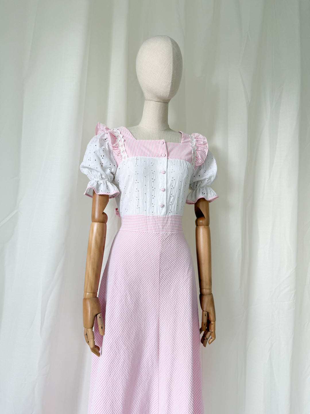 Sweet 70s Seersucker and Broderie Anglaise Cotton Striped Pink Maxi Dress