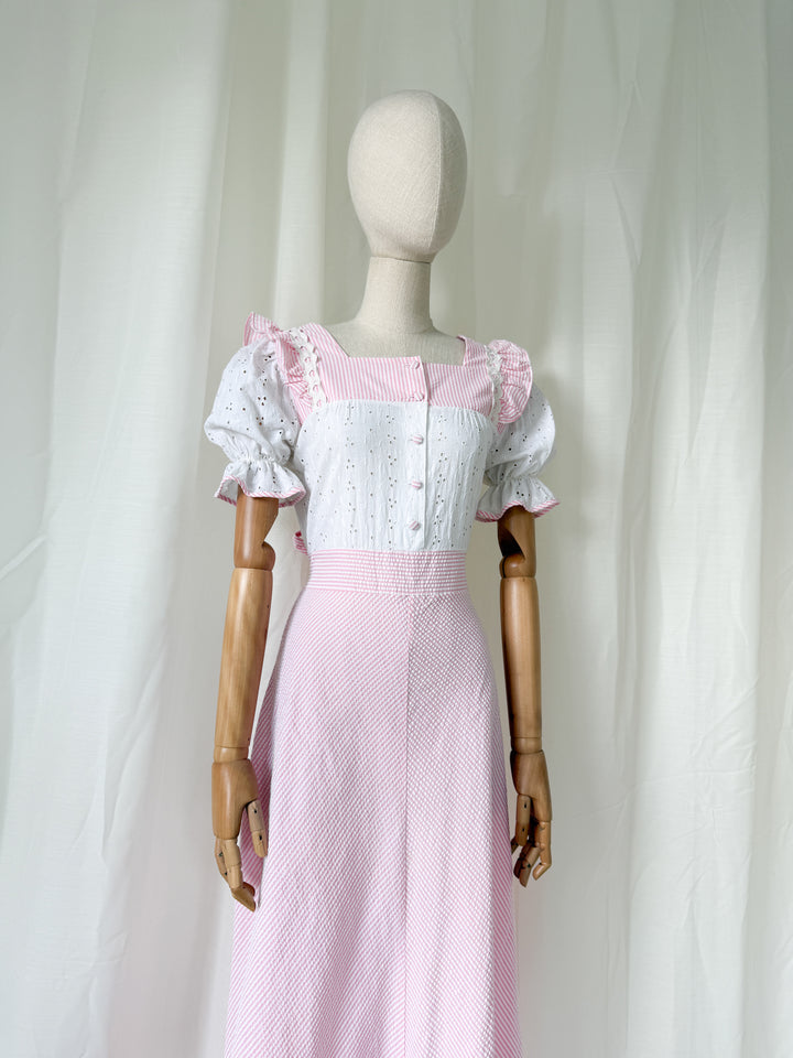 Sweet 70s Seersucker and Broderie Anglaise Cotton Striped Pink Maxi Dress
