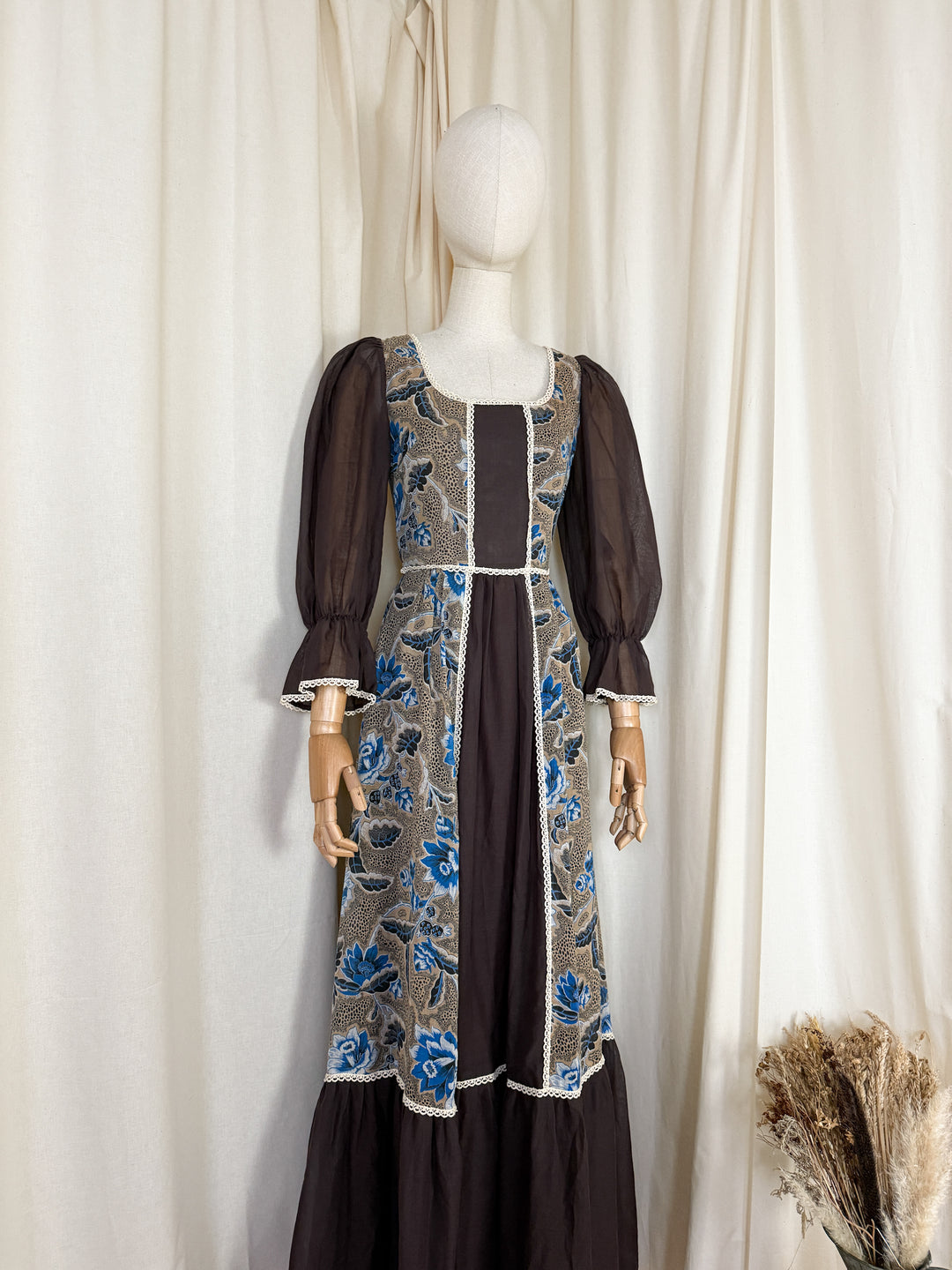 Heavenly Rare 1970s Brown Floral Cotton Maxi Dress