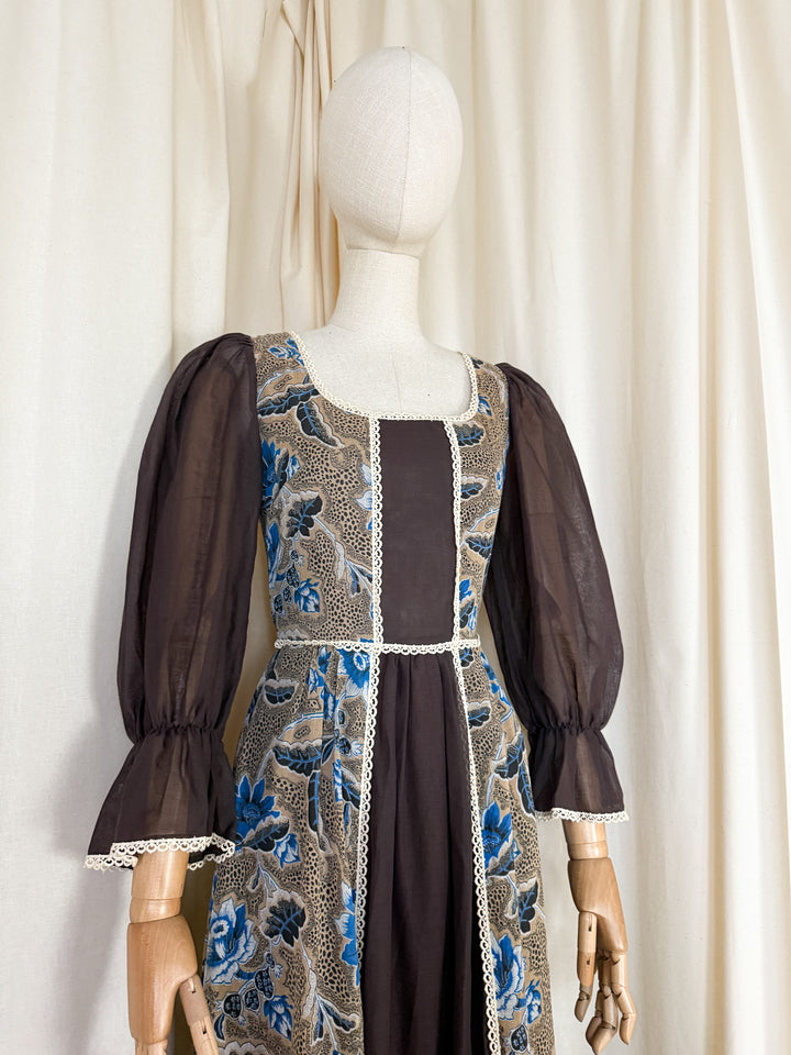 Heavenly Rare 1970s Brown Floral Cotton Maxi Dress