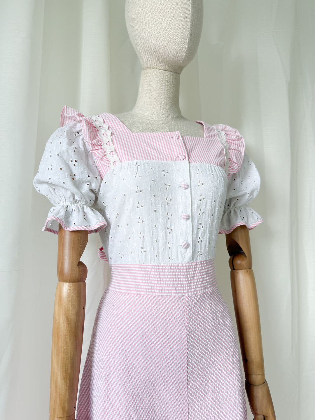 Sweet 70s Seersucker and Broderie Anglaise Cotton Striped Pink Maxi Dress