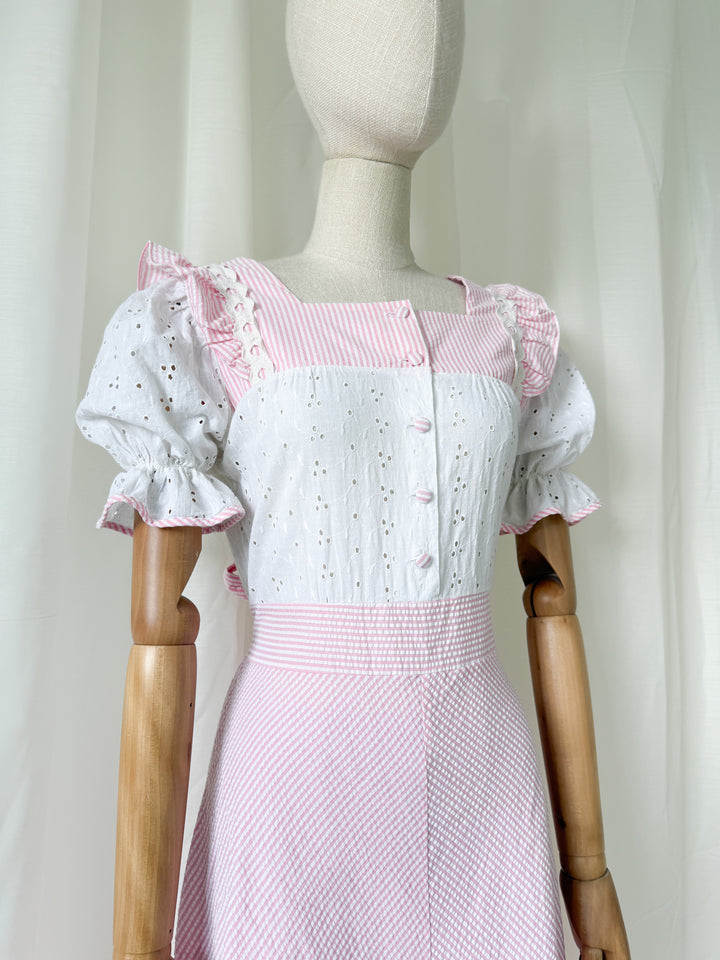 Sweet 70s Seersucker and Broderie Anglaise Cotton Striped Pink Maxi Dress